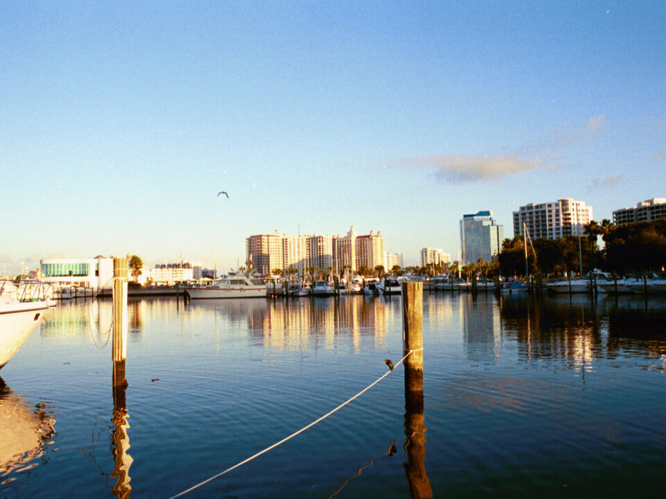 Sunrise over Bayfront Park Marina and the Sarasota skyline