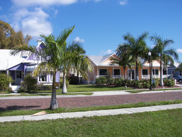 Colorful historic homes and brick street on Sullivan Street in Punta Gorda