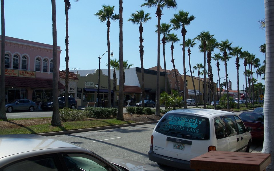 Palm-lined downtown street in Venice, Florida